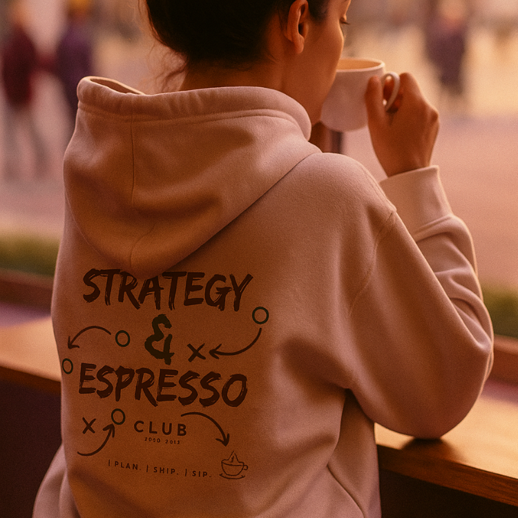 Blonde Frau auf Rooftop trägt weißen Hoodie mit schwarzem Print "She know her worth" und goldener Frauensilhouette