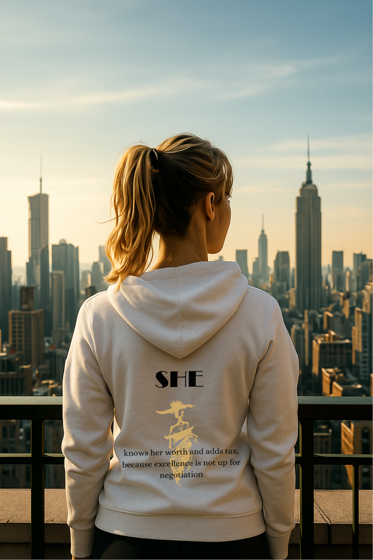 Blonde Frau auf Rooftop trägt weißen Hoodie mit schwarzem Print "She know her worth" und goldener Frauensilhouette