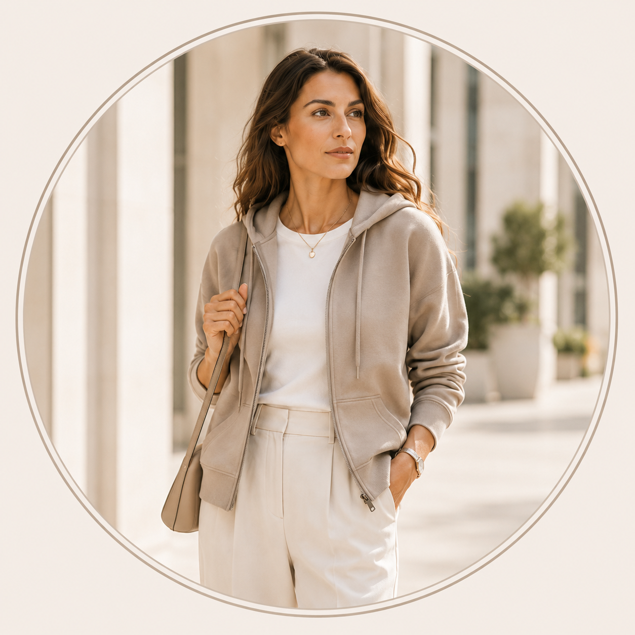 Business Zipper Hoodie für Frauen in einem minimalistischen Workday Outfit